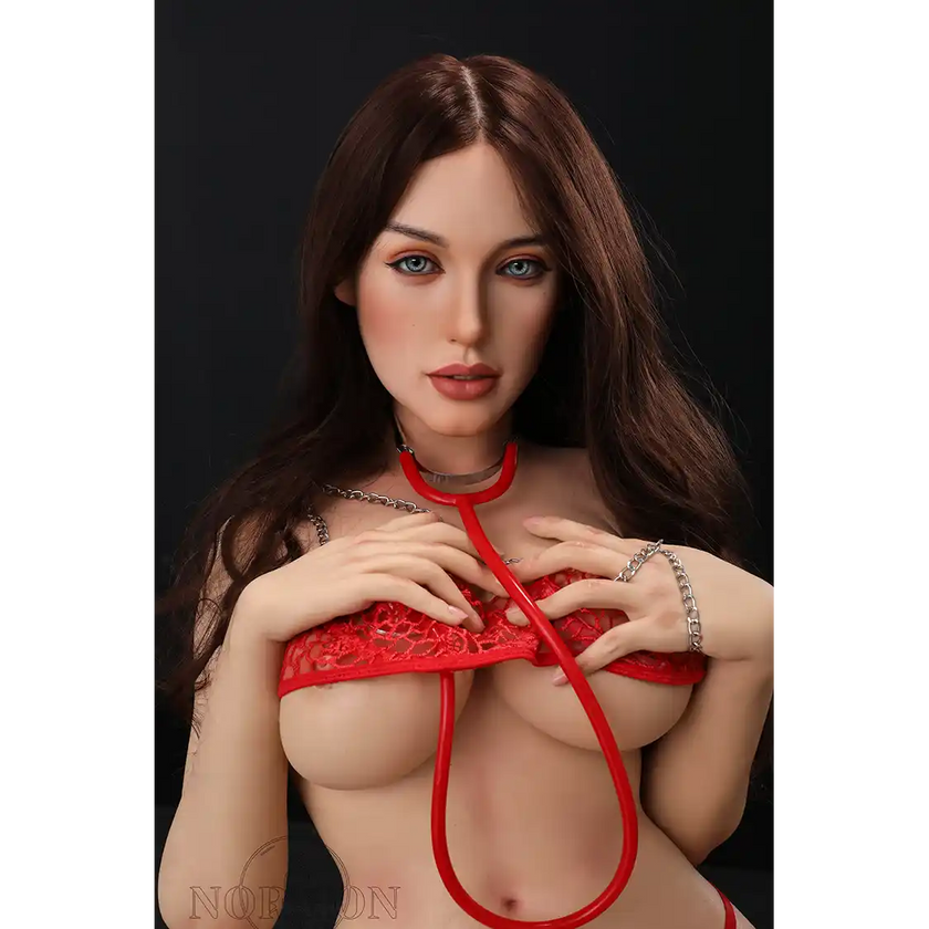 5ft 4in or 163cm tall life size MILF silicone sex doll with long legs and long brown hair in red lingerie.