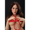 5ft 4in or 163cm tall life size MILF silicone sex doll with long legs and long brown hair in red lingerie.