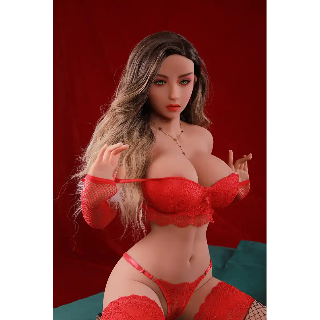 5ft 2in 158cm white female tpe sex doll with long wavy blonde hair, large breasts, and slim curvy figure in red lingerie.