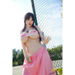 5ft 4in or 163cm curvy white female hybrid sex doll with long legs, long dark hair, large breasts, large butt, and brown eyes in a pink top and pink exercise pants.