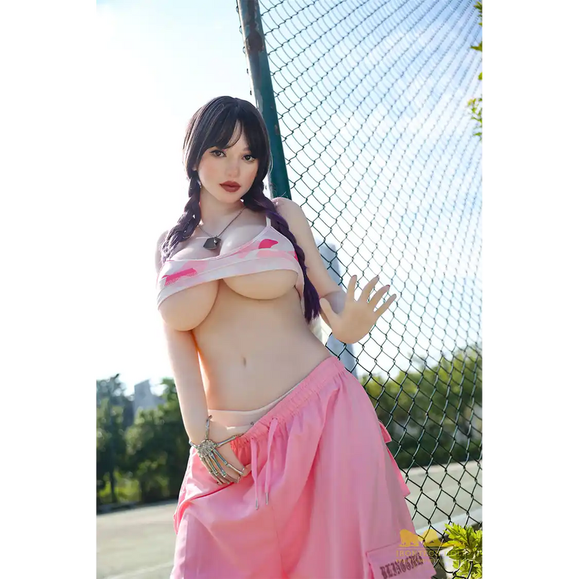 5ft 4in or 163cm curvy white female hybrid sex doll with long legs, long dark hair, large breasts, large butt, and brown eyes in a pink top and pink exercise pants.