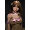 5ft 152cm petite Asian sex doll with brown hair fair skin, and large D-cup breasts in a tight brown dress .Made by Funwest. 