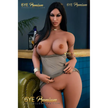 5ft 2in 157cm sex doll with long straight black hair, tan skin, and large E-cup breasts in short tight champaigne dress.Made by 6ye.