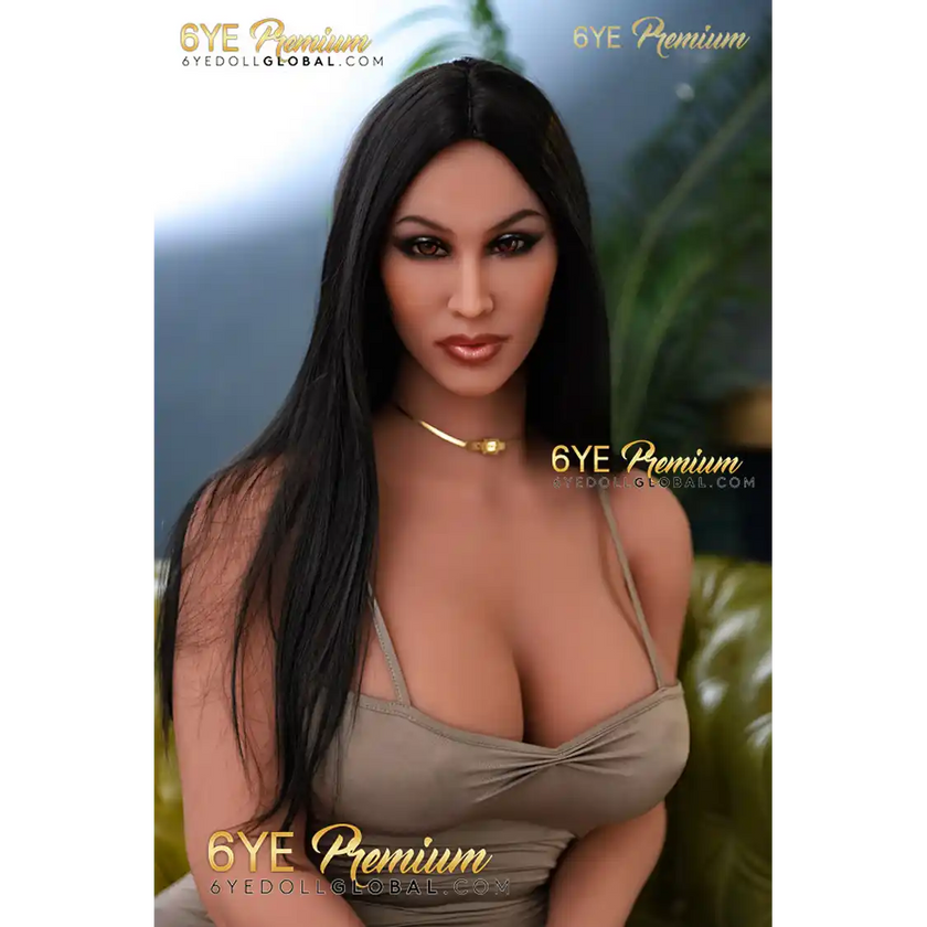 5ft 2in 157cm sex doll with long straight black hair, tan skin, and large E-cup breasts in short tight champaigne dress.Made by 6ye.