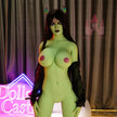 5ft 6in 168cm tall green alien TPE sex doll with large E-cup breasts, blue eyes and long black hair in a black sci-fi outfit.