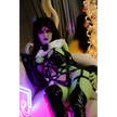 5ft 6in 168cm tall green alien TPE sex doll with large E-cup breasts, blue eyes and long black hair in a black sci-fi outfit.