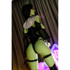 5ft 6in 168cm tall green alien TPE sex doll with large E-cup breasts, blue eyes and long black hair in a black sci-fi outfit.