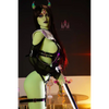 5ft 6in 168cm tall green alien TPE sex doll with large E-cup breasts, blue eyes and long black hair in a black sci-fi outfit.