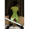 5ft 6in 168cm tall green alien TPE sex doll with large E-cup breasts, blue eyes and long black hair in a black sci-fi outfit.