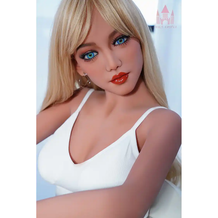 5ft 1in 156cm tall sexy blonde hair blue eyed TPE sex doll with an slim figure and small B-cup breasts.