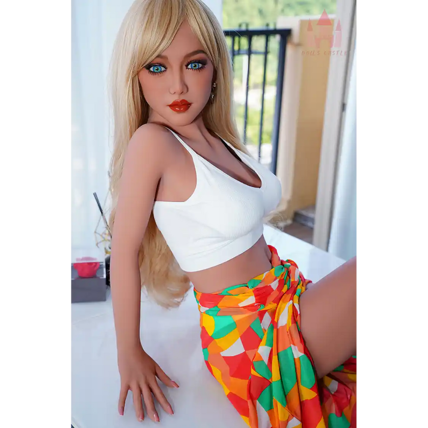 5ft 1in 156cm tall sexy blonde hair blue eyed TPE sex doll with an slim figure and small B-cup breasts.