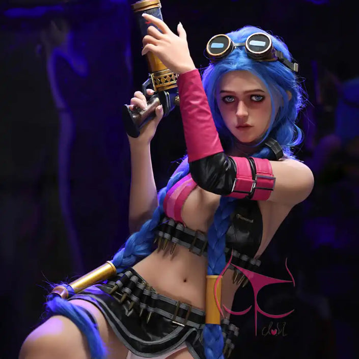 5ft 2in 159cm Caucasian female silicone sex doll with blue hair, A-cup breasts and a slim athletic figure in a steam punk outfit.