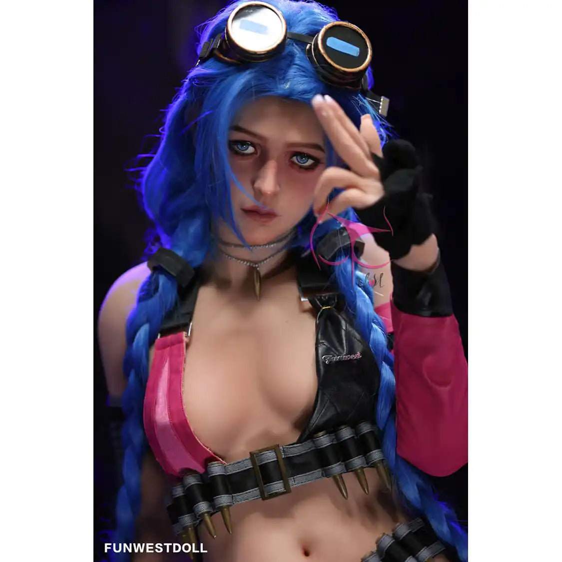 5ft 2in 159cm Caucasian female TPE sex doll by FunWest with blue hair, A-cup breasts and a slim athletic figure in a steam punk outfit.