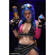 5ft 2in 159cm Caucasian female silicone sex doll with blue hair, A-cup breasts and a slim athletic figure in a steam punk outfit.