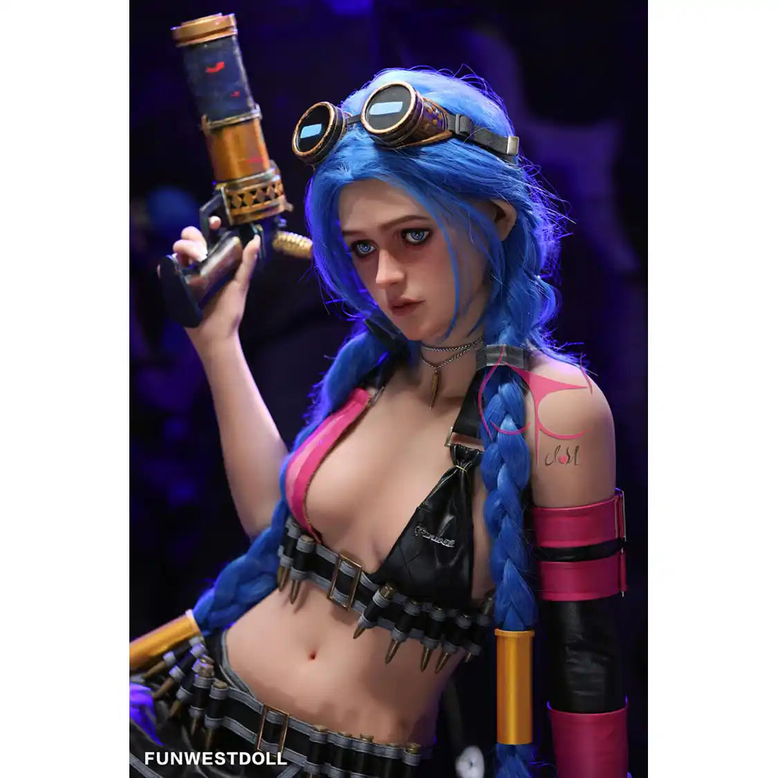 5ft 2in 159cm Caucasian female silicone sex doll with blue hair, A-cup breasts and a slim athletic figure in a steam punk outfit.