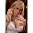 5ft 3in 164cm white female silicone sex doll with long blonde hair, F-cup breasts, curvy figure and sexy white dress.