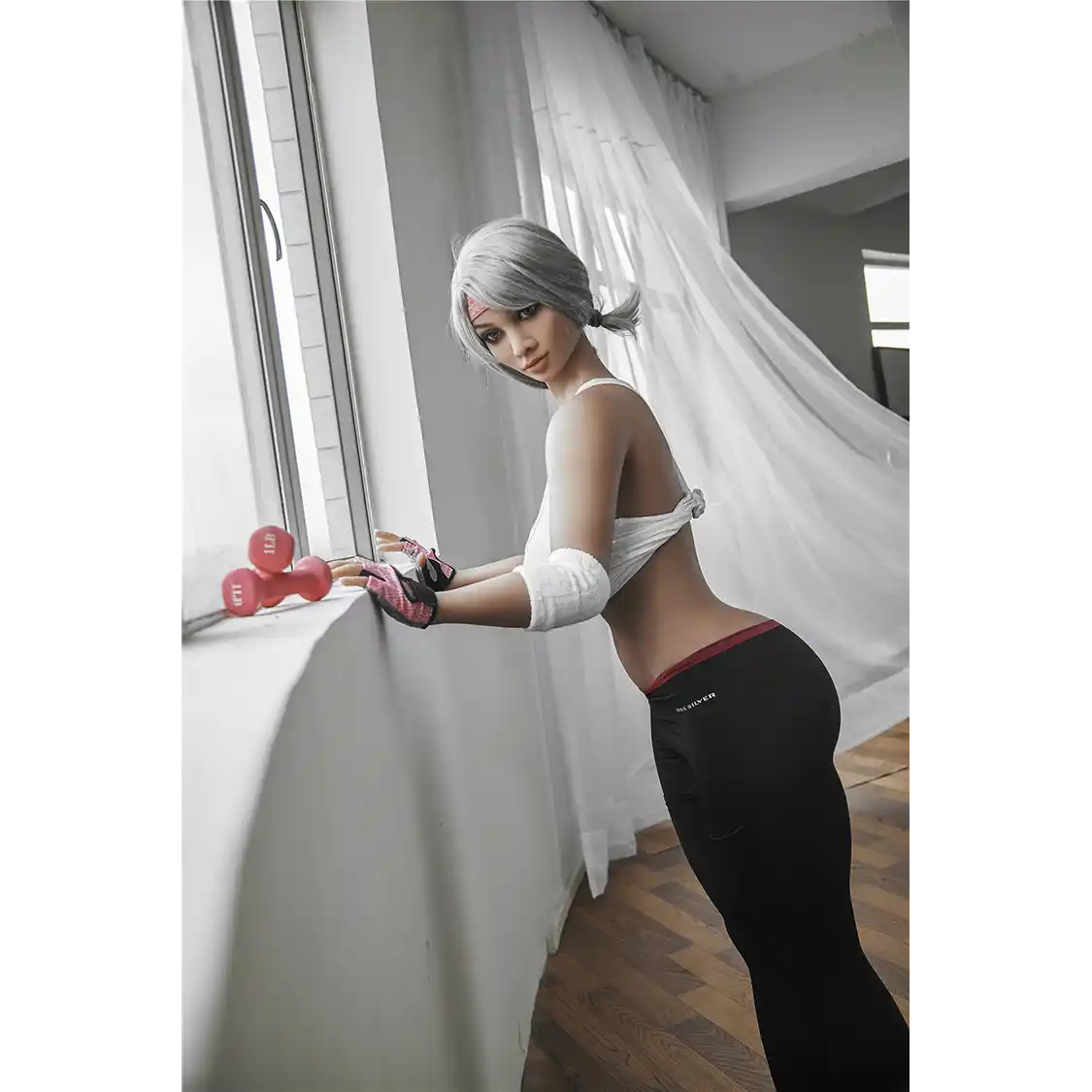 5ft 2in 158cm curvy Asian TPE sex doll with silver hair, large I cup breasts brown eyes and tanned skin in sports bra and tight pants.