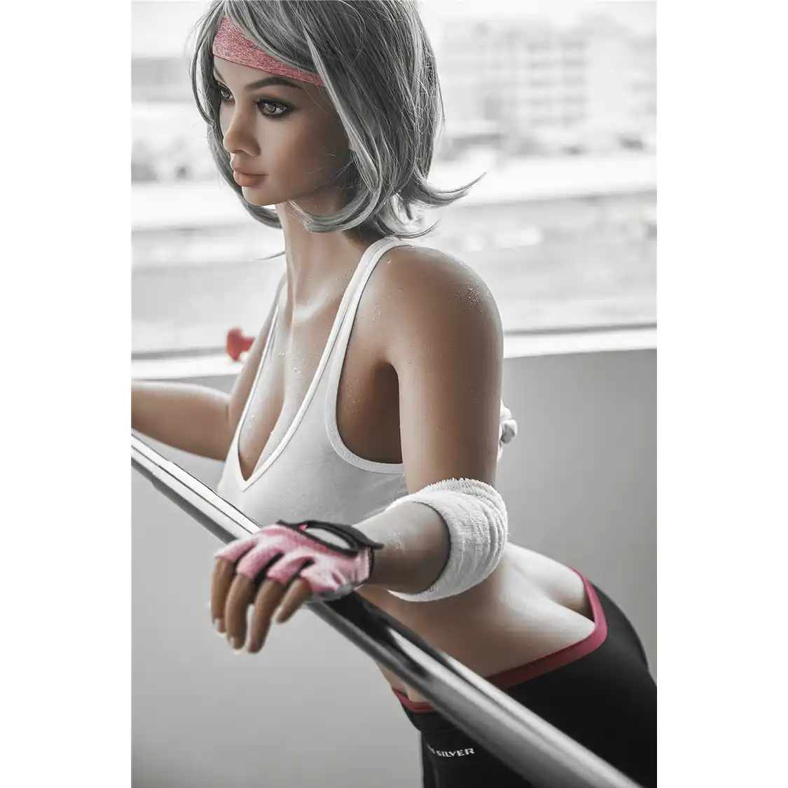 5ft 2in 158cm curvy Asian TPE sex doll with silver hair, large I cup breasts brown eyes and tanned skin in sports bra and tight pants.