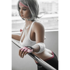 5ft 2in 158cm curvy Asian TPE sex doll with silver hair, large I cup breasts brown eyes and tanned skin in sports bra and tight pants.