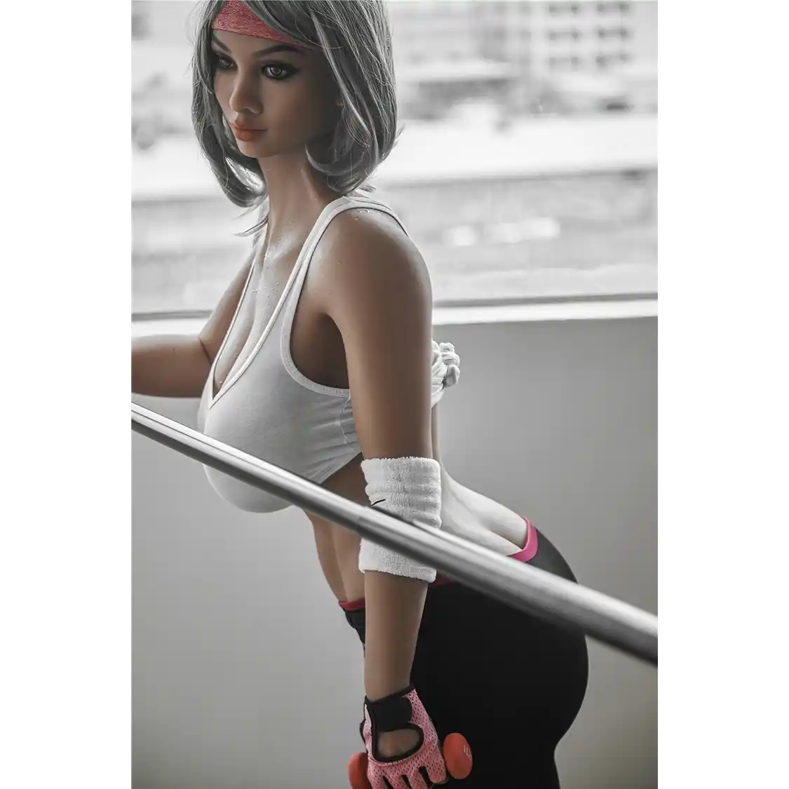 5ft 2in 158cm curvy Asian TPE sex doll with silver hair, large I cup breasts brown eyes and tanned skin in sports bra and tight pants.