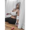 5ft 2in 158cm curvy Asian TPE sex doll with silver hair, large I cup breasts brown eyes and tanned skin in sports bra and tight pants.