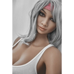 5ft 2in 158cm curvy Asian TPE sex doll with silver hair, large I cup breasts brown eyes and tanned skin in sports bra and tight pants.