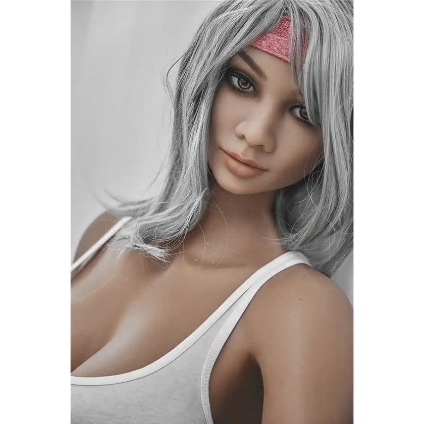 5ft 2in 158cm curvy Asian TPE sex doll with silver hair, large I cup breasts brown eyes and tanned skin in sports bra and tight pants.