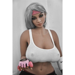 5ft 2in 158cm curvy Asian TPE sex doll with silver hair, large I cup breasts brown eyes and tanned skin in sports bra and tight pants.