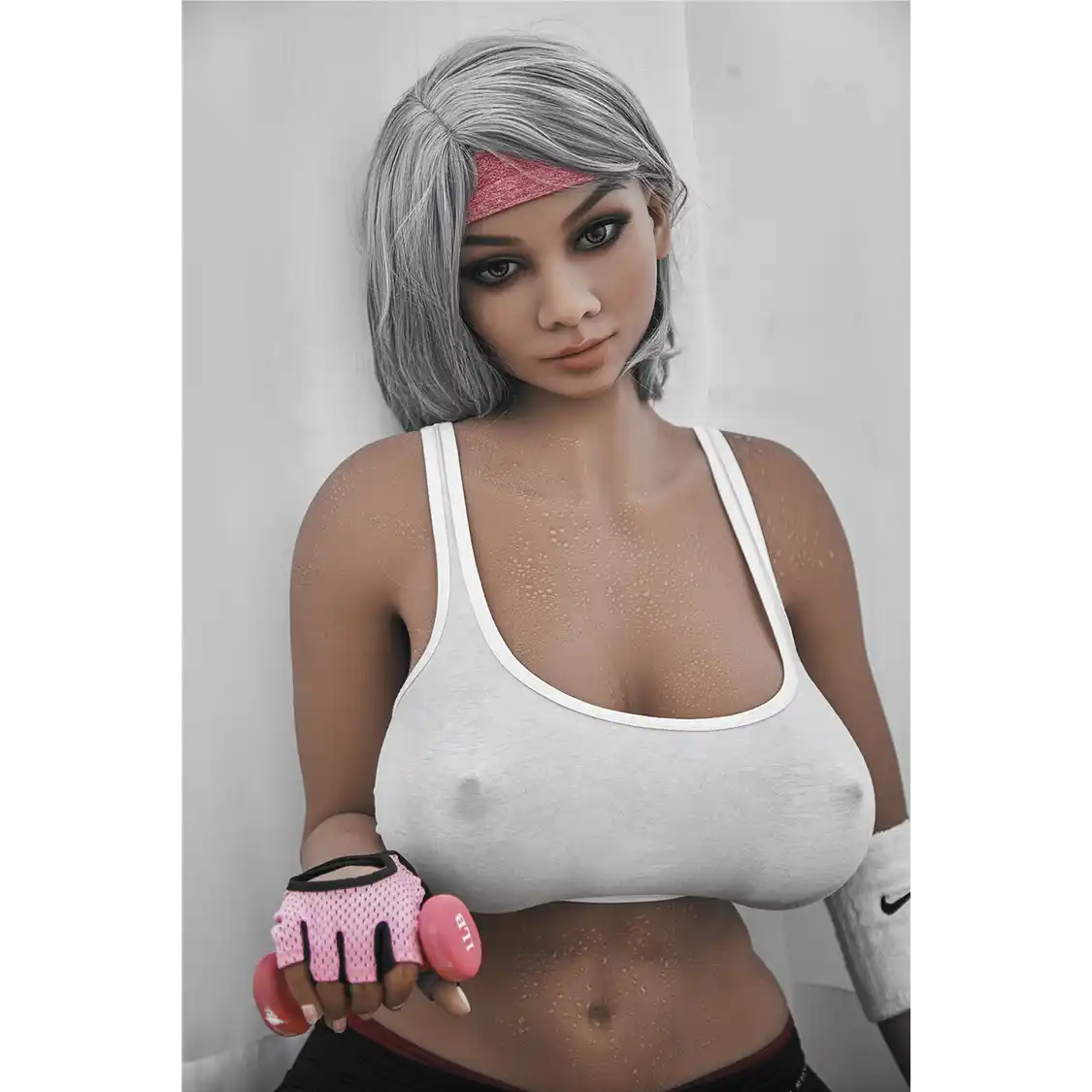 5ft 2in 158cm curvy Asian TPE sex doll with silver hair, large I cup breasts brown eyes and tanned skin in sports bra and tight pants.