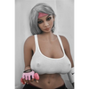 5ft 2in 158cm curvy Asian TPE sex doll with silver hair, large I cup breasts brown eyes and tanned skin in sports bra and tight pants.