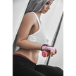 5ft 2in 158cm curvy Asian TPE sex doll with silver hair, large I cup breasts brown eyes and tanned skin in sports bra and tight pants.