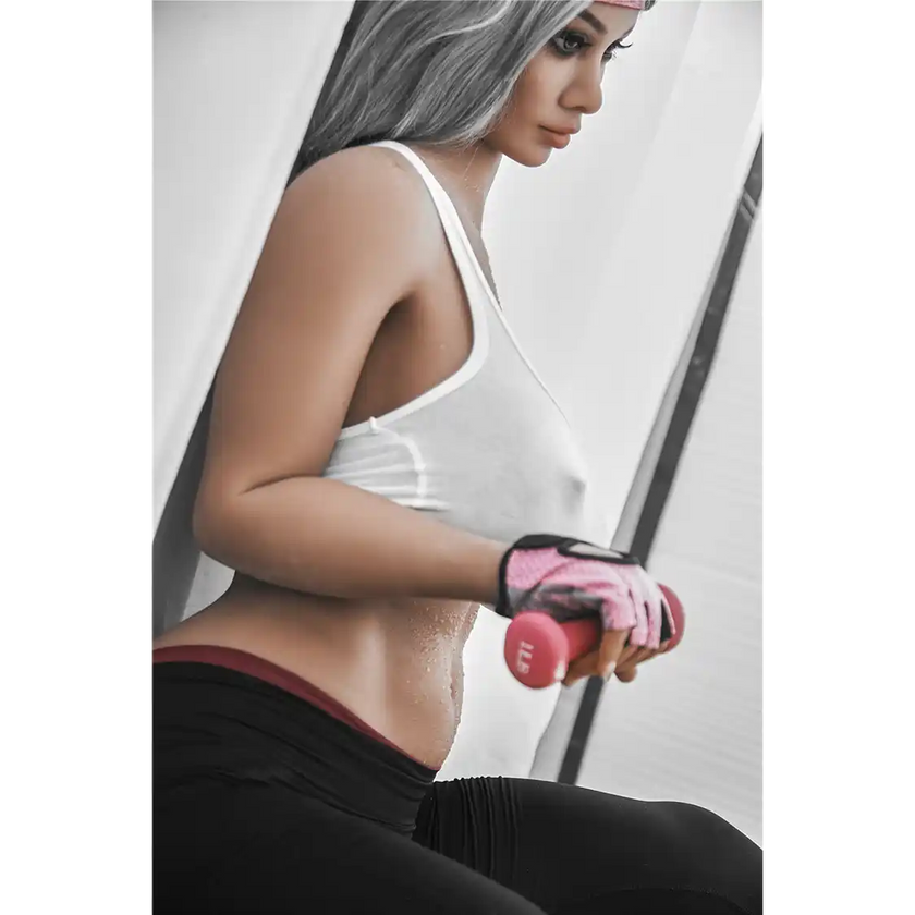 5ft 2in 158cm curvy Asian TPE sex doll with silver hair, large I cup breasts brown eyes and tanned skin in sports bra and tight pants.