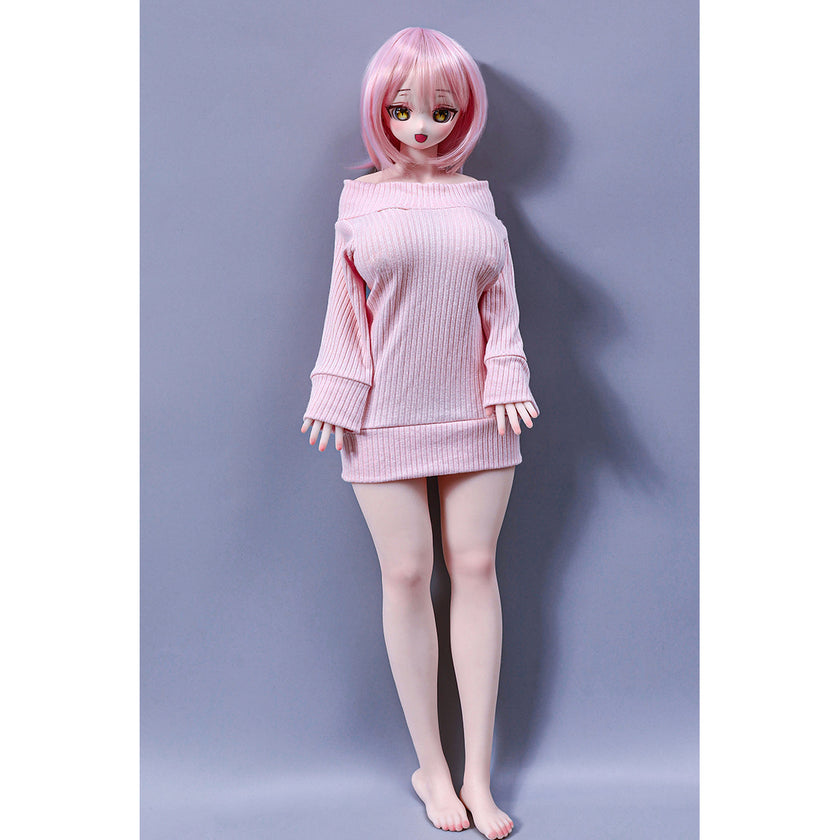 2ft 60cm mini anime sex doll Azami. Silicone body construction, giant breasts, fair skin, pink hair and a sexy curvy body in a pink blouse.