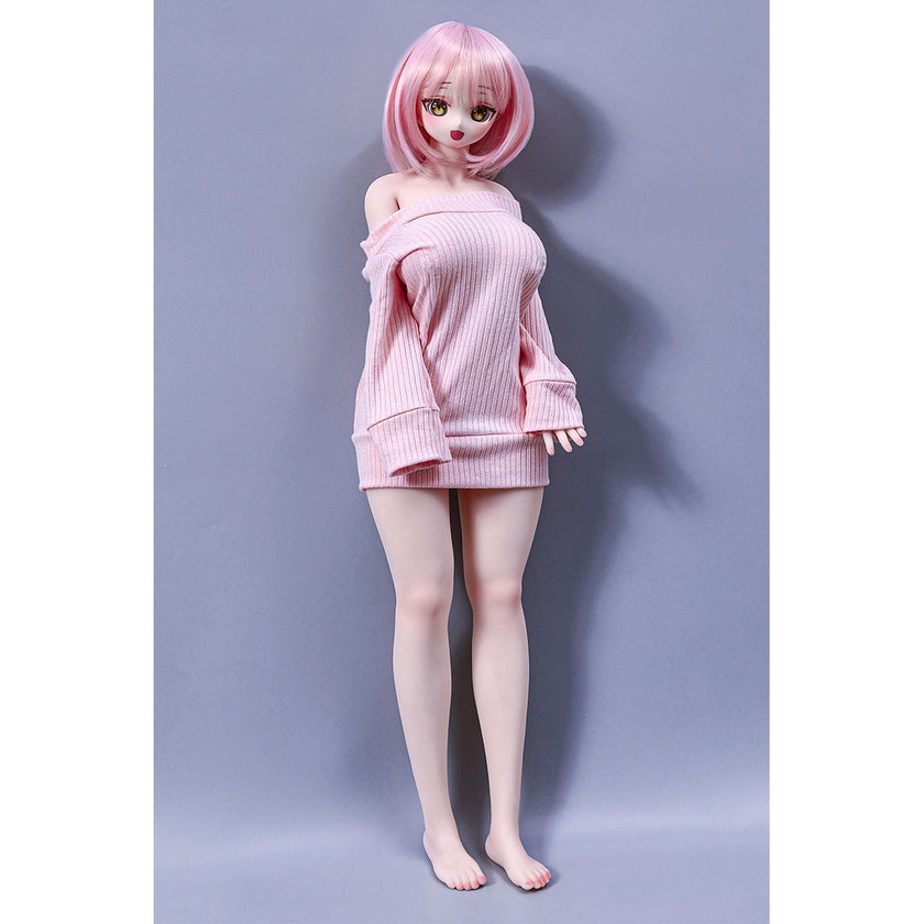 2ft 60cm mini anime sex doll Azami. Silicone body construction, giant breasts, fair skin, pink hair and a sexy curvy body in a pink blouse.