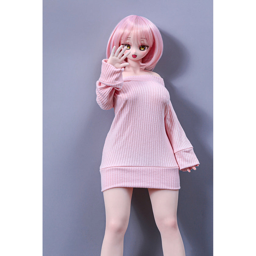 2ft 60cm mini anime sex doll Azami. Silicone body construction, giant breasts, fair skin, pink hair and a sexy curvy body in a pink blouse.