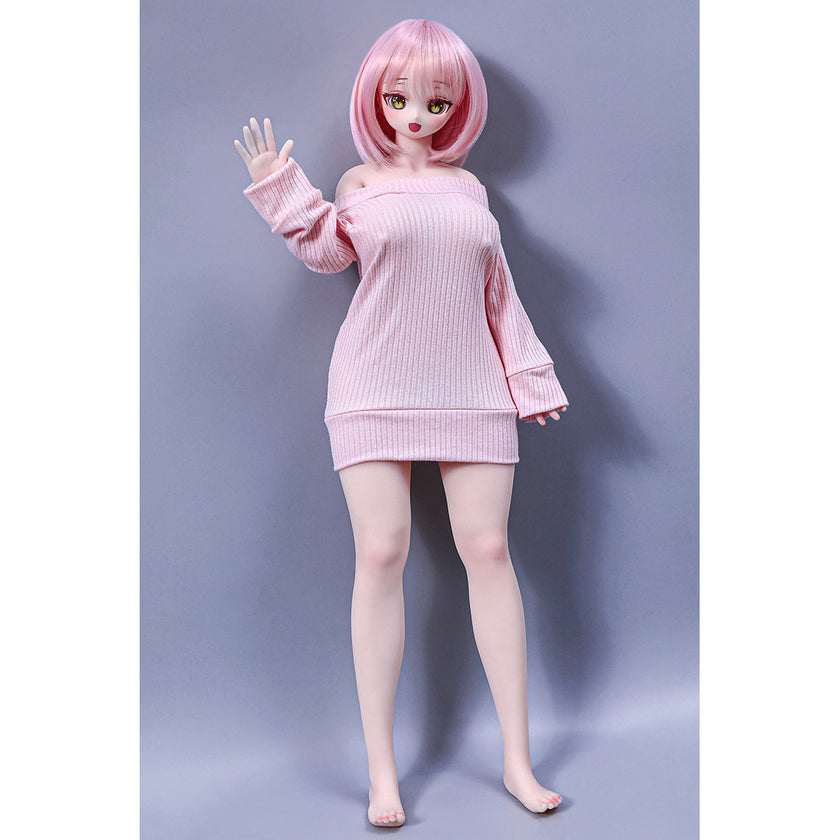 2ft 60cm mini anime sex doll Azami. Silicone body construction, giant breasts, fair skin, pink hair and a sexy curvy body in a pink blouse.