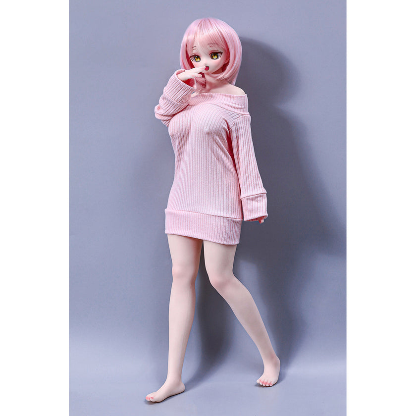 2ft 60cm mini anime sex doll Azami. Silicone body construction, giant breasts, fair skin, pink hair and a sexy curvy body in a pink blouse.