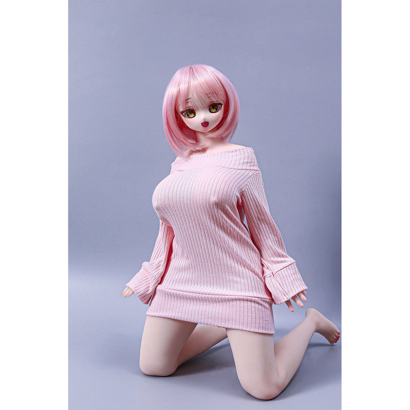 2ft 60cm mini anime sex doll Azami. Silicone body construction, giant breasts, fair skin, pink hair and a sexy curvy body in a pink blouse.