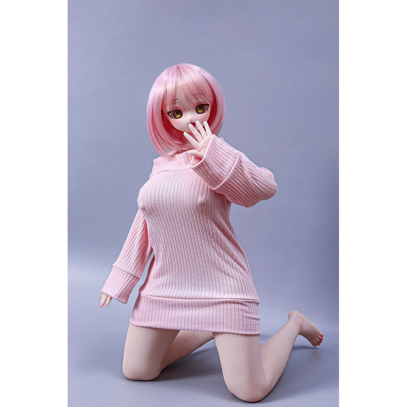 2ft 60cm mini anime sex doll Azami. Silicone body construction, giant breasts, fair skin, pink hair and a sexy curvy body in a pink blouse.