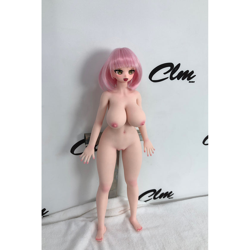 2ft 60cm mini anime sex doll Azami. Silicone body construction, giant breasts, fair skin, pink hair and a sexy curvy body in a pink blouse.