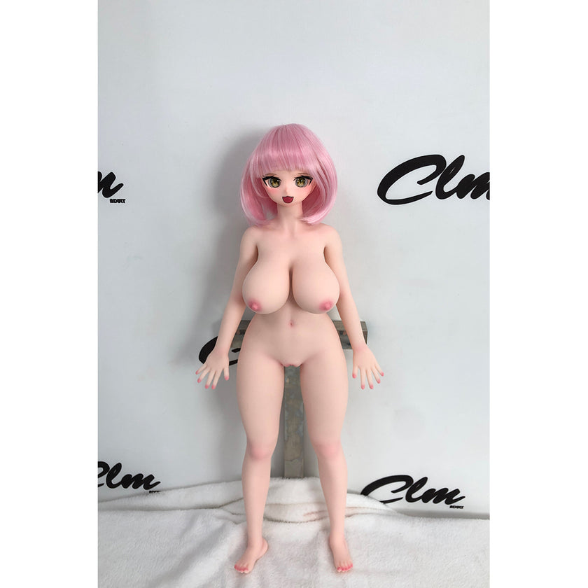 2ft 60cm mini anime sex doll Azami. Silicone body construction, giant breasts, fair skin, pink hair and a sexy curvy body in a pink blouse.