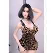 TPE sex doll from AFDoll. 5ft 2in 158cm tall. Black shoulder length hair with D cup breasts and a slim figure and leopard print dress.