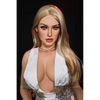 5ft 4in or 163cm tall life size silicone sex doll with long legs and long blonde hair in a white dress.