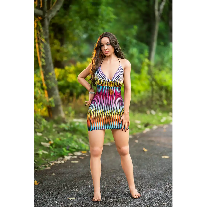 5ft 6in 167cm Latina silicone sex doll with E-cup breasts, and a curvy figure in a sexy skirt.
