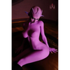 5ft 7in 170cm tall purple alien TPE sex doll with large E-cup breasts, blue eyes and large ears in a black sci-fi outfit.