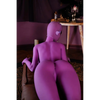 5ft 7in 170cm tall purple alien TPE sex doll with large E-cup breasts, blue eyes and large ears in a black sci-fi outfit.