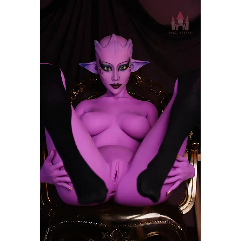 5ft 7in 170cm tall purple alien TPE sex doll with large E-cup breasts, blue eyes and large ears in a black sci-fi outfit.
