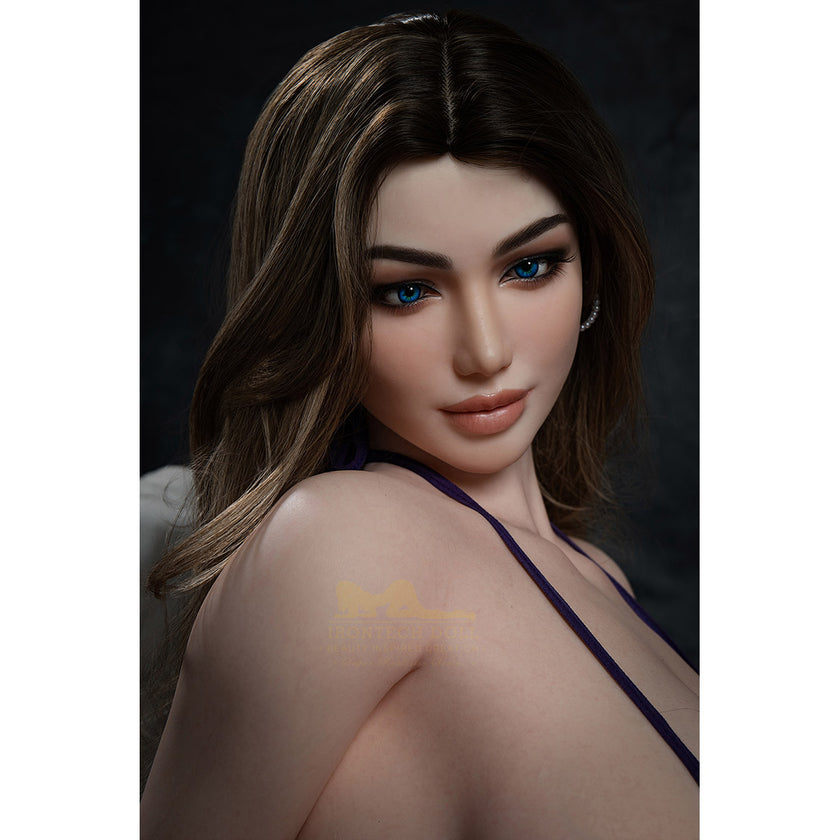 Celine is a 5ft 3in or 160cm tall ultra realistic white female silicone sex doll with long legs, big breasts, a very curvy figure tanned skin and long wavy blone hair.