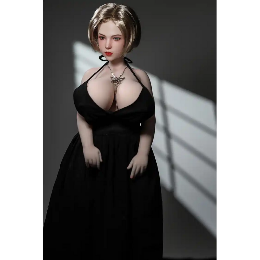 1ft 11in 60cm white female mini silicone sex doll with blonde hair, light skin and extra large breasts.