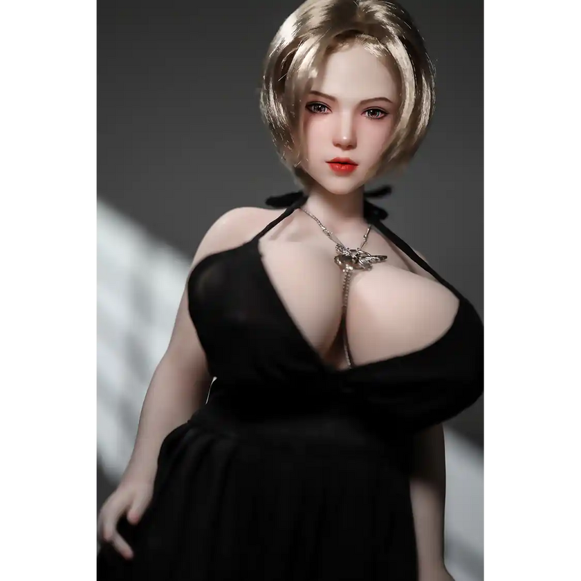 1ft 11in 60cm white female mini silicone sex doll with blonde hair, light skin and extra large breasts.